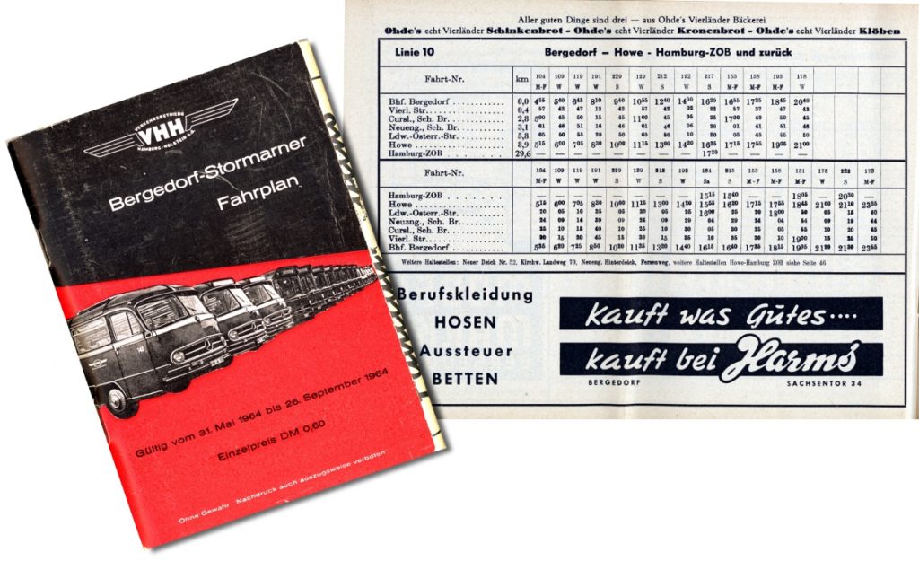 Fahrplanheft und -tabelle 1964: Zwar hat der farbige Umschlag des Heftes noch das A6-Format, doch im Inneren sind die Fahrpläne jetzt im A5-Format quer abgebildet, die Seiten entsprechend einmal gefaltet