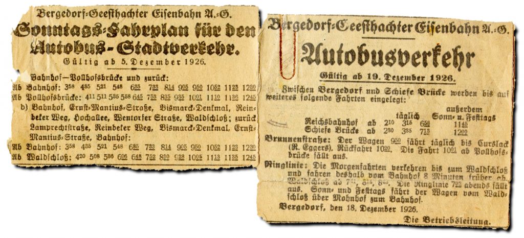 Die Fahrterweiterung wurde am 18. Dezember 1926 per Zeitungsmeldung verkündet, ebenso wie die seinerzeit neuen Busverbindungen vom Bf. Bergedorf zur Schiefen Brücke