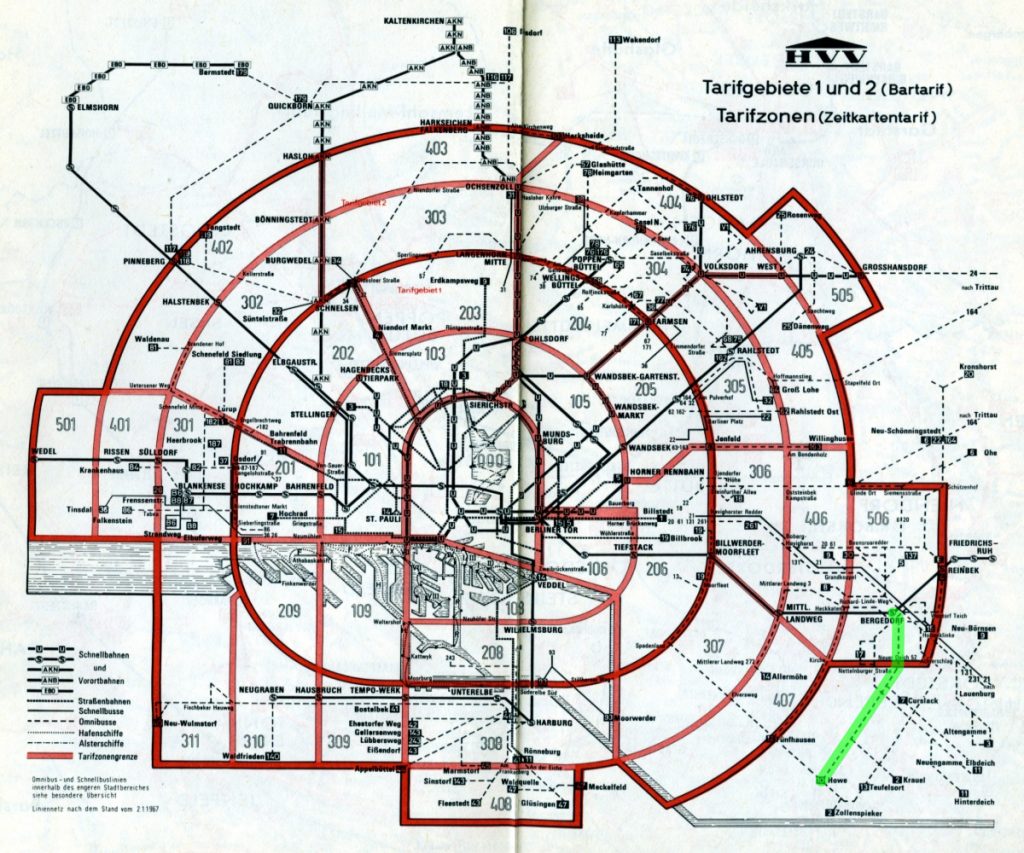 HVV-Tarifplan von 1967. Grün abgesetzt: Unsere Beispiel-Linie 10