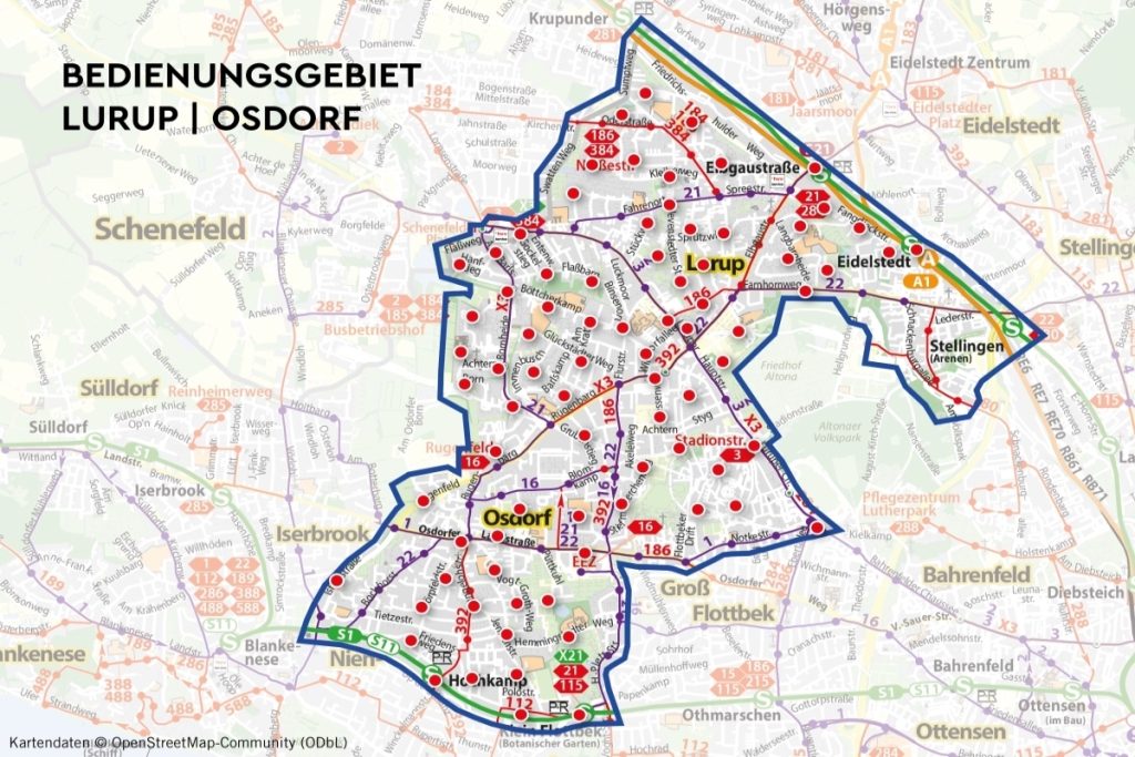 Das Bedienungsgebiet von ioki Hamburg in Osdorf und Lurup